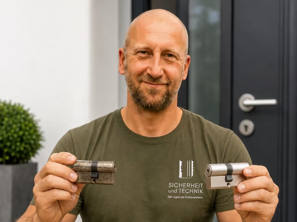 Thomas Heuberger hält einen alten und einen neuen Profilzylinder nebeneinander in die Kamera