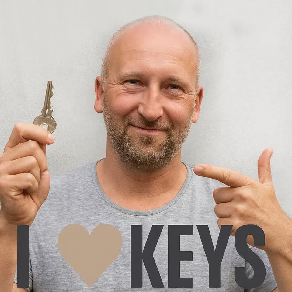 Thomas Heuberger hält einen Schlüssel hoch und zeigt auf sein T-Shirt mit der Aufschrift I love Keys